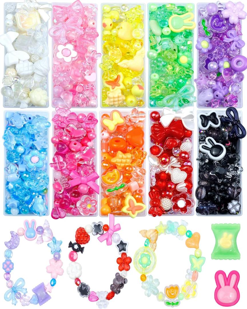 750PCS FIVEIZERO Assorted Acrylic Beads for Bracelet Making, Flower Star Heart Butterfly Candy Gummy Bear Kawaii Aesthetic Cute Beads for Jewelry Making, Keychains, Necklace, Phone Charms, DIY Crafts (10 Colors Bracelet Making Kit)
