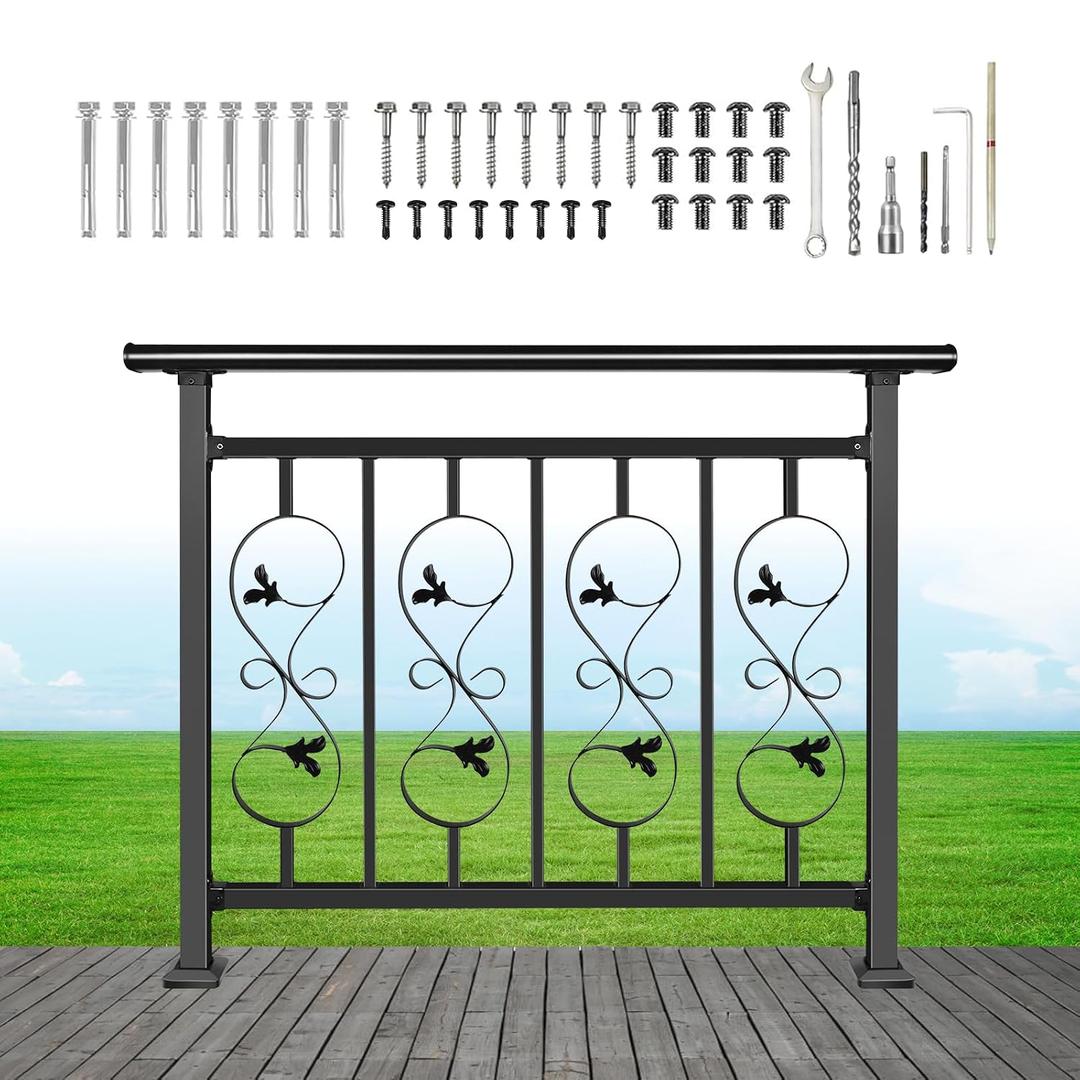 Horizontal Deck Railing Kit, 36in H x 48in W Wrought Iron Porch Railing, Black Powder-Coated with Decorative Pattern, for Flat Decks & Balconies