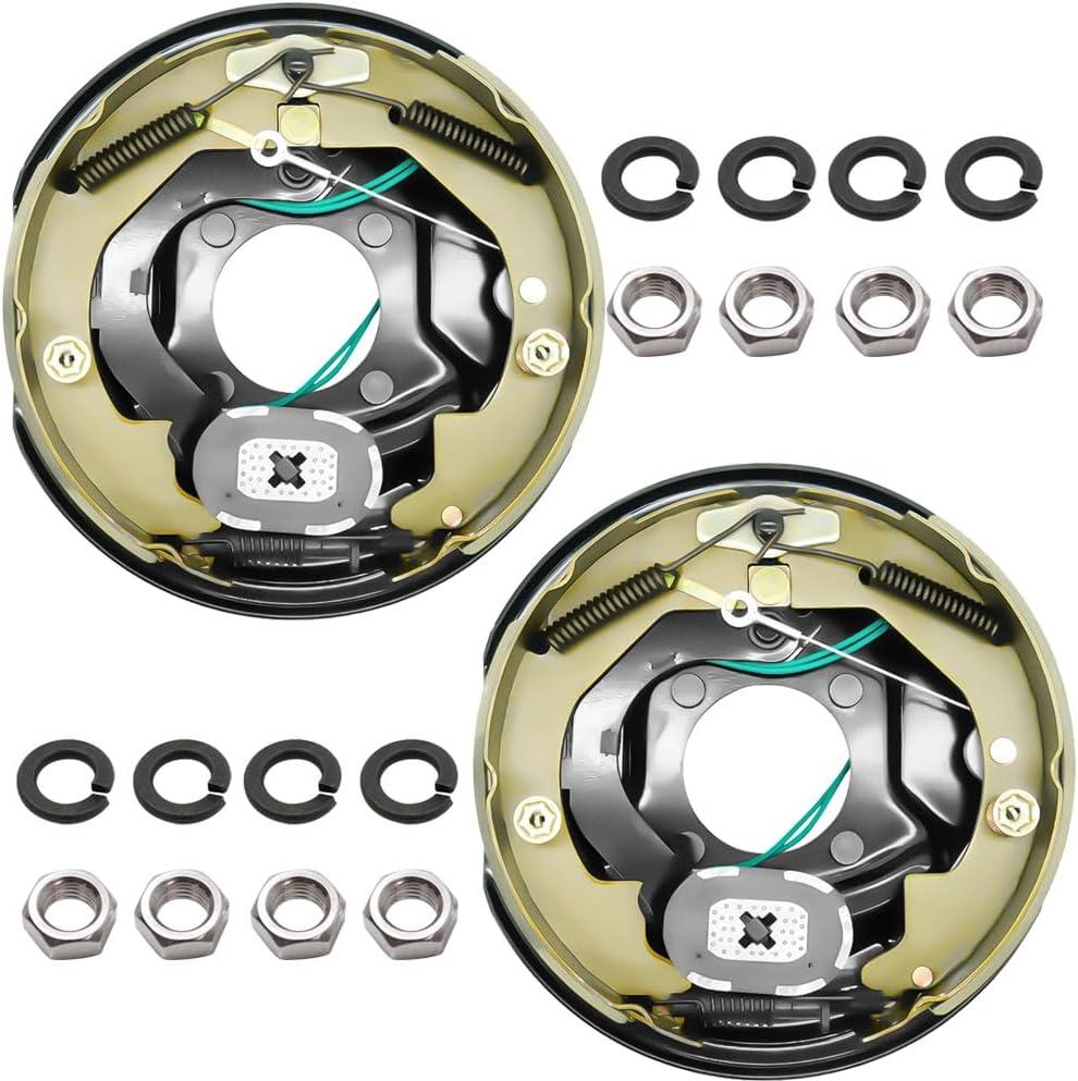 RV Murts 1 Pair 10" x 2-1/4" Self Adjusting Electric Trailer Brake Assembly for 2300-3500 lbs Trailer Axle with Nuts&Washers, RV Spindle Brake Kit with 4 Holes for Trailer Parts Replacement.