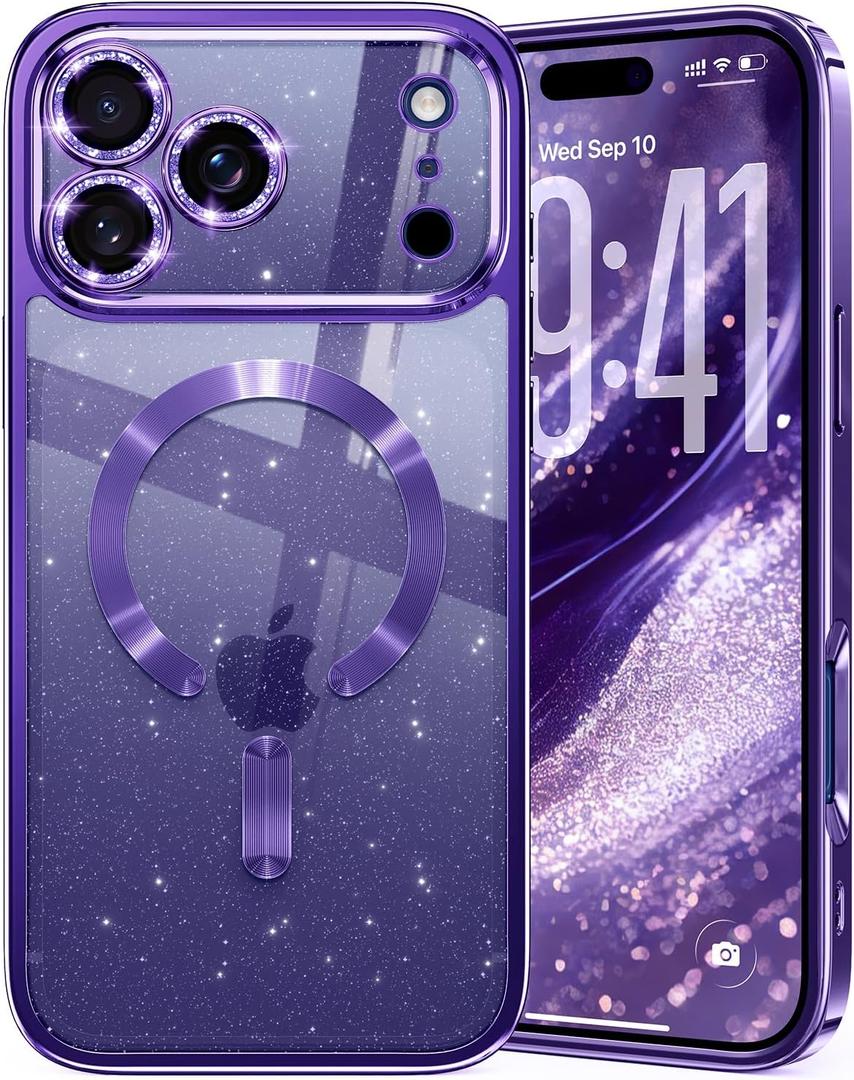 Glitter for iPhone 17 Pro Case with Eye-catching Integrated Lens Protection, [Sparkly Bling Back Panel] [Seamless Work with Magsafe] Cute Women Girly Magnetic Phone Case for iPhone 17 Pro 6.3" Purple