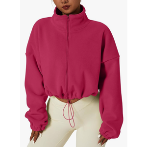 QINSEN Women's Full Zip Fleece Short Jacket Warm Winter Long Sleeve Stand Collar Sherpa Crop Coat S