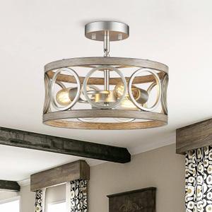 Farmhouse Ceiling Light Fixture, Drum Round Modern Semi Flush Mount Ceiling Light for Kitchen Bedroom Dining Living Room, 13" Metal Nickel and Wood Grain Chandeliers