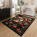 Rugcomf Bedroom Rug 3x5 Rug Washable Area Rug Non Slip Low Pile Boho Floral Small Carpet for Bedroom, Bedside, Kitchen, Entryway, Kids Room, Office, College Dorm Essentials for Girls(Black)