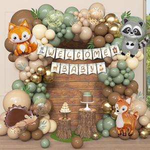 167Pcs Woodland Animals Baby Shower Decorations, Woodland Balloon Garland Arch Kit with Welcome Baby Banner Sage Green Brown Neutral Forest Animal Foil Balloons for Forest Safari Jungle Party Supplies