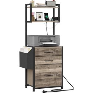 Small 3 Drawer File Cabinet with Charging Station, 45''H, 3-Tier Filing Cabinet for Home Office, 11''*16'' for Small Printer, Fabric Drawer Fits Letter/A4, Tall Printer Stand, Grey