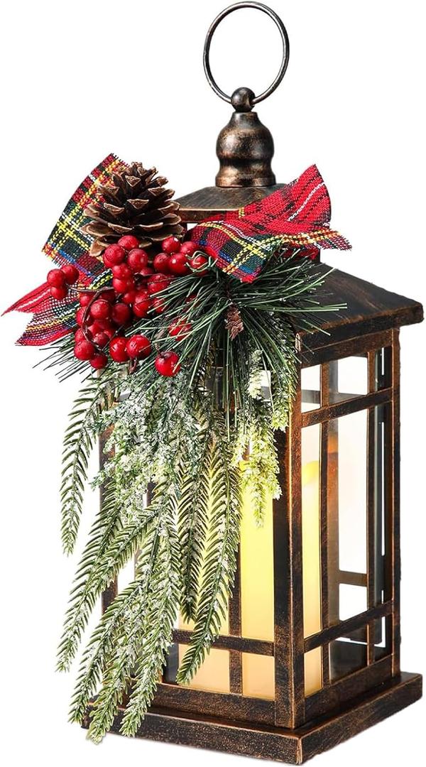 Baquler 1 Pcs Christmas Decorative Lantern LED Christmas Lantern 14" Bronze Vintage Flameless Hanging Candle Lanterns Xmas Centerpieces for Tables Indoor Outdoor Porch Decor (Black Red Plaid)