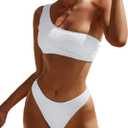 YIMISAN Women's Ribbed Bikini Sets One Shoulder Top with Mid Waist Two Piece Bathing Suit (X-Large, White)