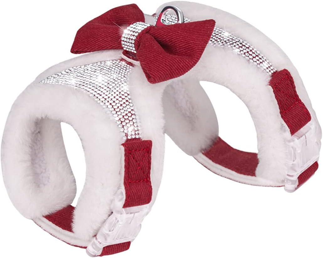 FUNAT Plush Chest Straps for Dogs, Rhinestone Winter Dog Harness, Vest Bow Harness for Small Dogs (Red)