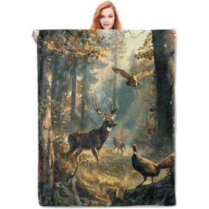 Deer and Forest Scene Throw Blanket Gifts, Soft Cozy Fleece Blanket with Wildlife Nature Print, Blanket for Couch Bed Sofa, Perfect for Hunters and Nature Lovers, 50x60 in (Color320)