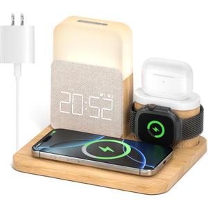 Alarm Clock Charging Station for Bedrooms, 7 in 1 Wireless Charging Station, Mag-Safe Charger with Night Light Bedside Clock for iPhone 16 15 14 13 12 Pro Max, Apple Watch, AirPods (Wood)