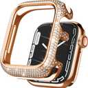 Bling Cases Compatible with Apple Watch 45mm Series 7/Series 8, Stainless Metal Protective Case with Sparkling Rhinestones Diamond Bezel Cover Case for Women Girl, Rose Gold
