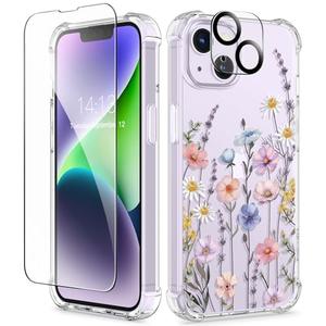 GVIEWIN for iPhone 14 Case Floral, with Screen Protector & Camera Lens Protector,[Non Yellowing] Soft Shockproof Clear Phone Protective Cover for Women, Flower Pattern Design 6.1"(Mallow/Colorful)