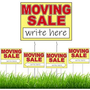 5 Pcs Double Sided Moving Yard Sale Signs 12 x 16'' Waterproof Corrugated Plastic Moving Sale Sign Kit with Stakes, Directional Arrows Yard Supplies for Outdoor Estate Event(Red, Yellow)