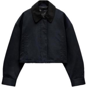 Women's Cropped Jacket Long Sleeve Zip Up Corduroy Collar Jackets Outwear with Pockets (Large, Navy Blue)
