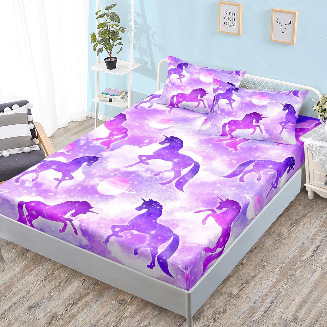 HOSIMA Purple Unicorn Bedding Sets for Girls Kids,Planet Cloud Unicorn Fitted Sheets Twin Bedding Set,Soft Microfiber Princess Toddler Bed Sheet Set with 15-Inch Deep Pockets. (Twin 39"*75")