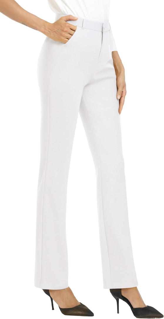 iChosy Women's Stretchy Straight Leg Dress Work Pants Business Office Casual Slacks with Pockets, White, Size 8 Regular