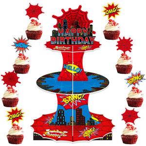 Spider web Birthday Party Supplies, 3 Tier Spider web Cupcake Stand Superhero Party Decorations Supplies for Kids Boys Themed Birthday Decorations