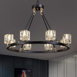 Black Wagon Wheel Chandelier, 8-Light Farmhouse Crystal Chandeleirs with Adjustable Height,Ceiling Hanging Light Fixture Pendant Lights for Living Room,Bedroom,Kitchen Island,Dining Room