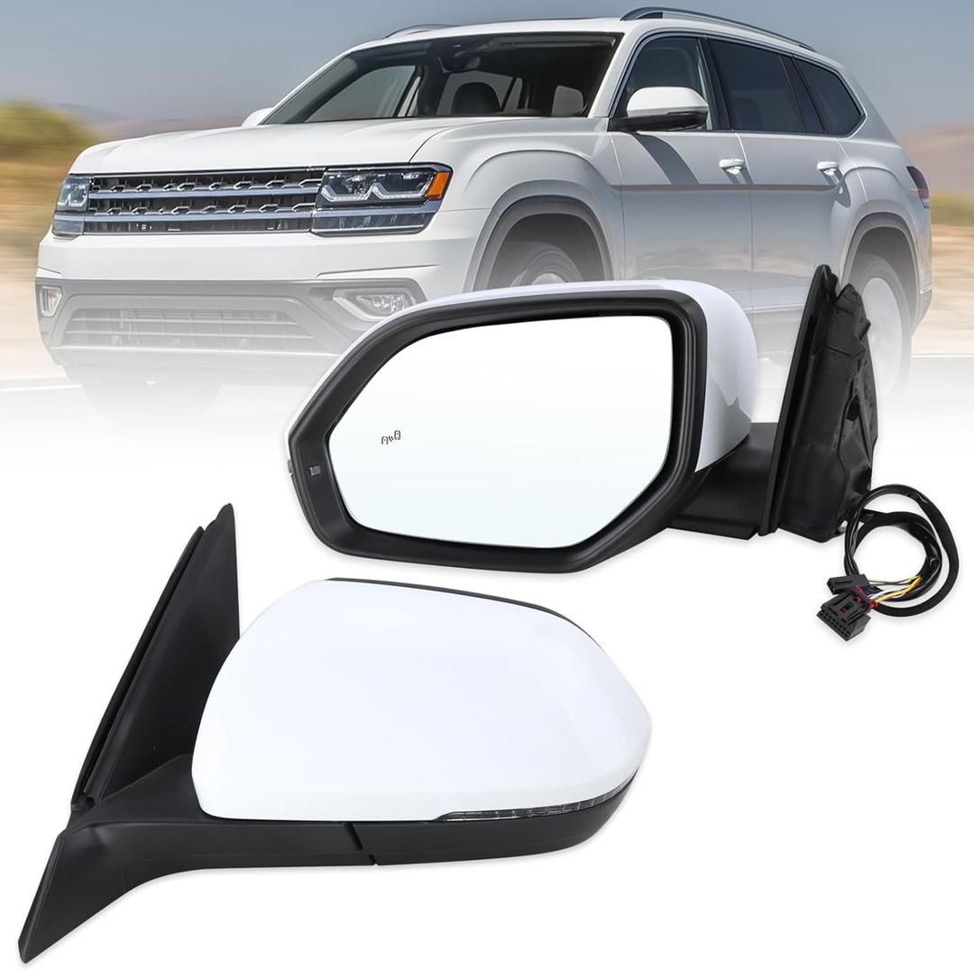 Left Driver Side Mirror Compatible With 2018 2019 2020 2021 2022 2023 2024 2025 VW Atlas With Manual Folding Power Glass Heated Turn Signal Blind Spot White Replace#3CN857507AG9B9-PFM(6+2Pins)