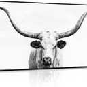KREATIVE ARTS 24x48 Large Longhorn Cow Canvas Wall Art, Black and White Western Texas Cattle Portrait with Black Floater Frame, Photo Print Painting for Man Cave, Home Office, Living Room Decor