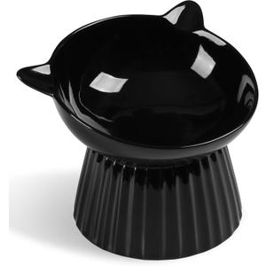 Ceramic Raised Cat BowlTilted Raised Bowl Anti Vomit for Indoor Cats Whisker Friendly Pet Feeder for Cats Puppies, Microwave and Dishwasher Safe (Black)