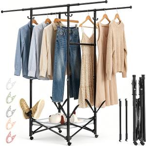 Portable Foldable Clothes Drying Rack - Adjustable Double Extendable Rods (33.1” to 56.7”) -Portable Coat Rack for Travel, Camping, Drying, RV, Indoor, Outdoor, Easy Assemble (Black), 55CM x 55CM x 155CM