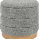Round Storage Ottoman with Reversible Tray Lid, Folding Chenille Fabric Footrest with Hidden Storage, 15.4" Footstool for Small Spaces Living Room Bedroom, Wood Grain Base, Grey, 15.4"D x 15.4"W x 14.6"H