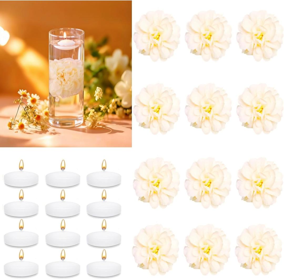 UDU 24 Pcs Floating Candles for Centerpieces and Floating Flowers for Centerpieces Artificial Flower Head for Home Birthday Wedding Party Table Decor Champagne