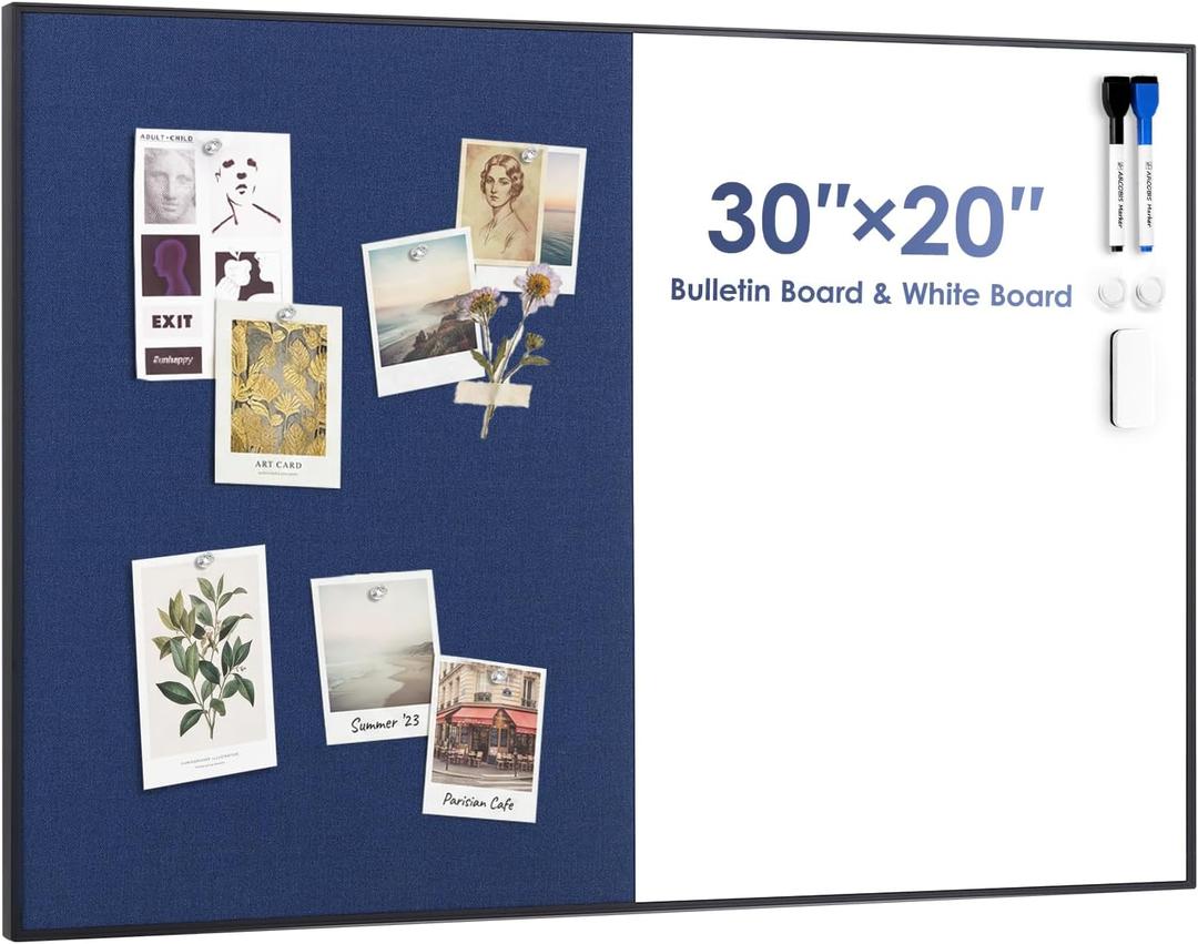 ARCOBIS Cork Board White Board Combo for Wall
30"X20" Linen Bulletin Board Whiteboard, Magnetic Dry Erase Corkboard for Home, Office, School, Blue
