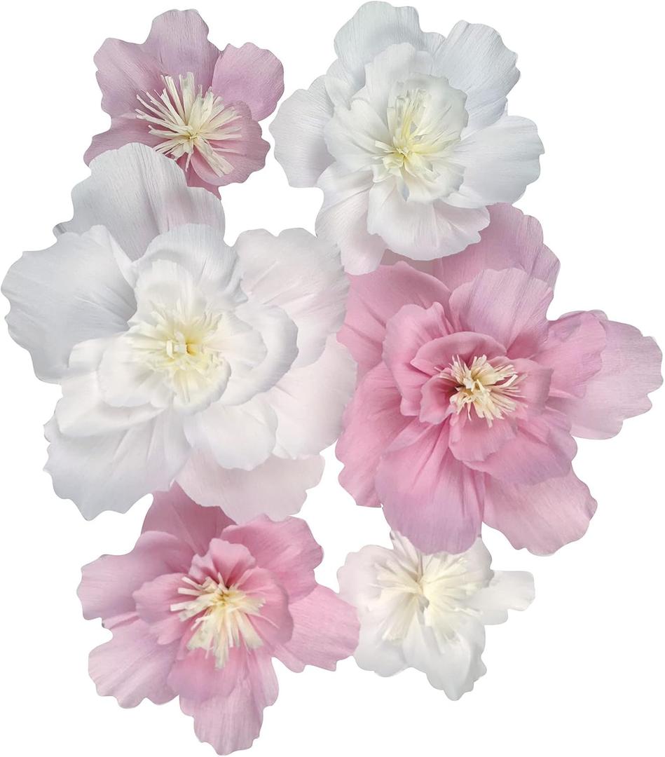Crepe Paper Flowers for Baby Girl Shower Birthday Party Floral Backdrop Girls Nursery Room Wall Decoration Pack of 6 (White Pink)