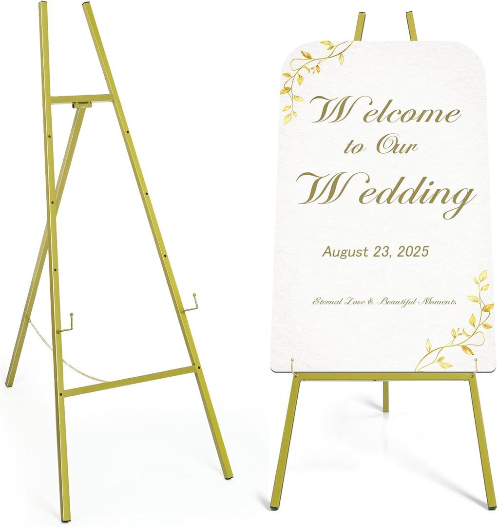 57" Heavy Duty Gold Easel Stand for Wedding Signs Holds up to 50 lbs Metal Floor Easel for Welcome Sign, Seating Chart, Art & Mirrors Quick 5-Min Assembly, Adjustable Display Stand, 57in