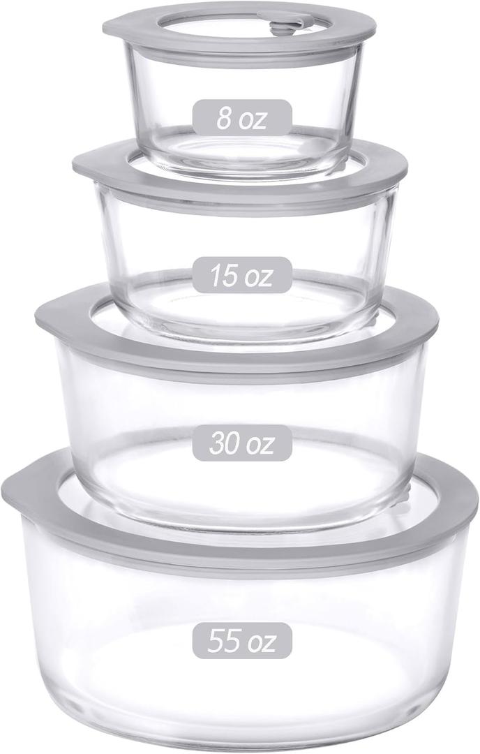 Glass Food Containers with Glass Lid, Microwave Safe Food Storage Container, Large 4 Pack Round Shape, Food Containers with Lids, Meal Prep containers with Leak Proof Lid.