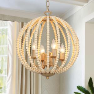 16.5" Boho Wood Beaded Chandelier, 4-Lights Farmhouse Wooden Candle Style Light Fixture Chandelier, Modern White Wood Bead Chandeliers for Dining Room Bedroom Kitchen Island (MUZU-04)