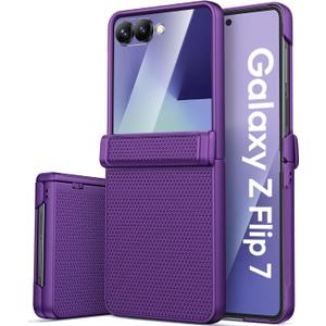 Vihibii for Samsung Galaxy Z Flip 7 Slim Case with Rugged Hinge Protection & Outer Screen Protector & Non-Slip Texture, Shockproof Durable Phone Case Cover for Samsung Z Flip 7 5G 2025, Dark Purple