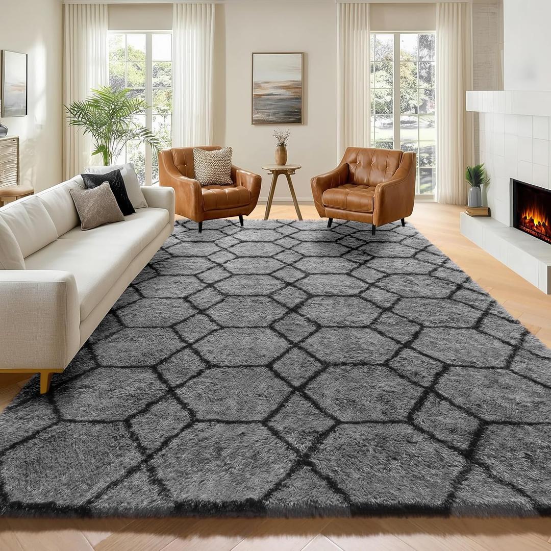 ONASAR 7x9 Area Rugs for Living Room Bedroom, Large Fluffy Grey and Black Throw Rug, Geometric Soft Plush Shaggy Floor Carpet for Nursery Kids Girls Boys Teen Dorm Home Decor Aesthetic