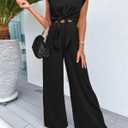PRETTYGARDEN Women's Summer 2 Piece Outfits 2026 Cap Sleeve V Neck Belted Crop Tops Wide Leg Pant Sets Casual Tracksuit (Black, M)