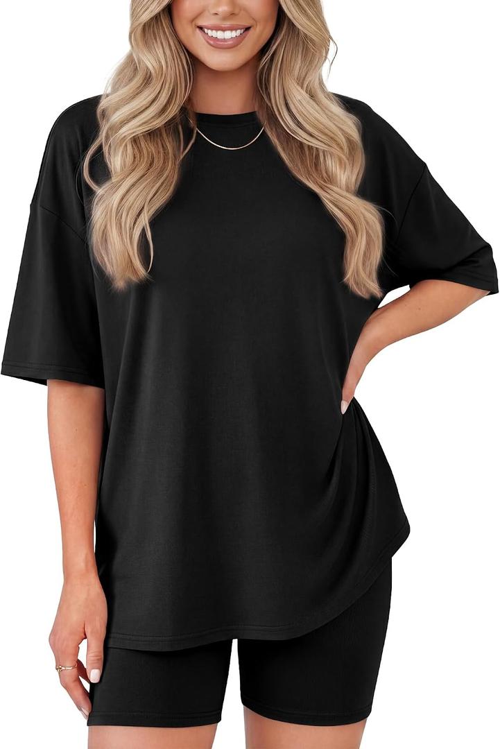 ZOOSIXX 2 Piece Sets for Women Summer - Oversized T-Shirt and Biker Shorts Lounge Sets Matching Outfit for Travel Casual, S/M