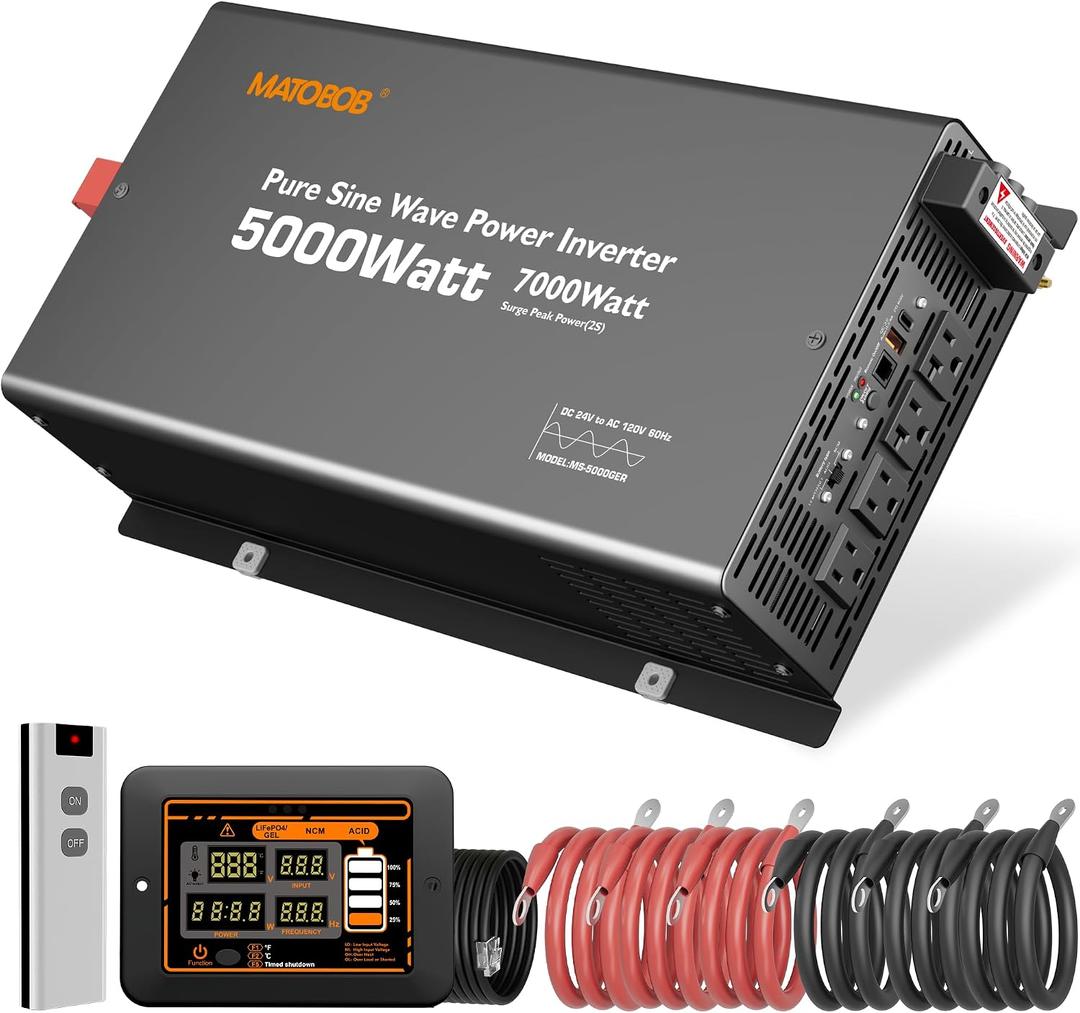 24V Inverter 5000W Pure Sine Wave Power Inverter, 24V DC to 120V AC Inverters,Surge 7000W,Power Inverter with 4 AC Outlets,45Amps Hardwire Port,Dual Remote Control for Solar RV,Truck,Boat,Home