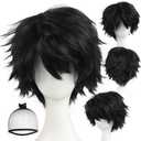 (Wig Cap + Short Black Cosplay Wig for Men Synthetic Hair Black Layered Anime Wigs for Cosplay Costume Short Anime Party Wigs for Halloween Costume Outfit
