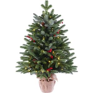 3ft Pre-Lit Premium Artificial Christmas Tree with 80 LED Lights Frazer Fir Mini Xmas Trees, Cement Burlap Base Basin, for Home Tabletop, Green