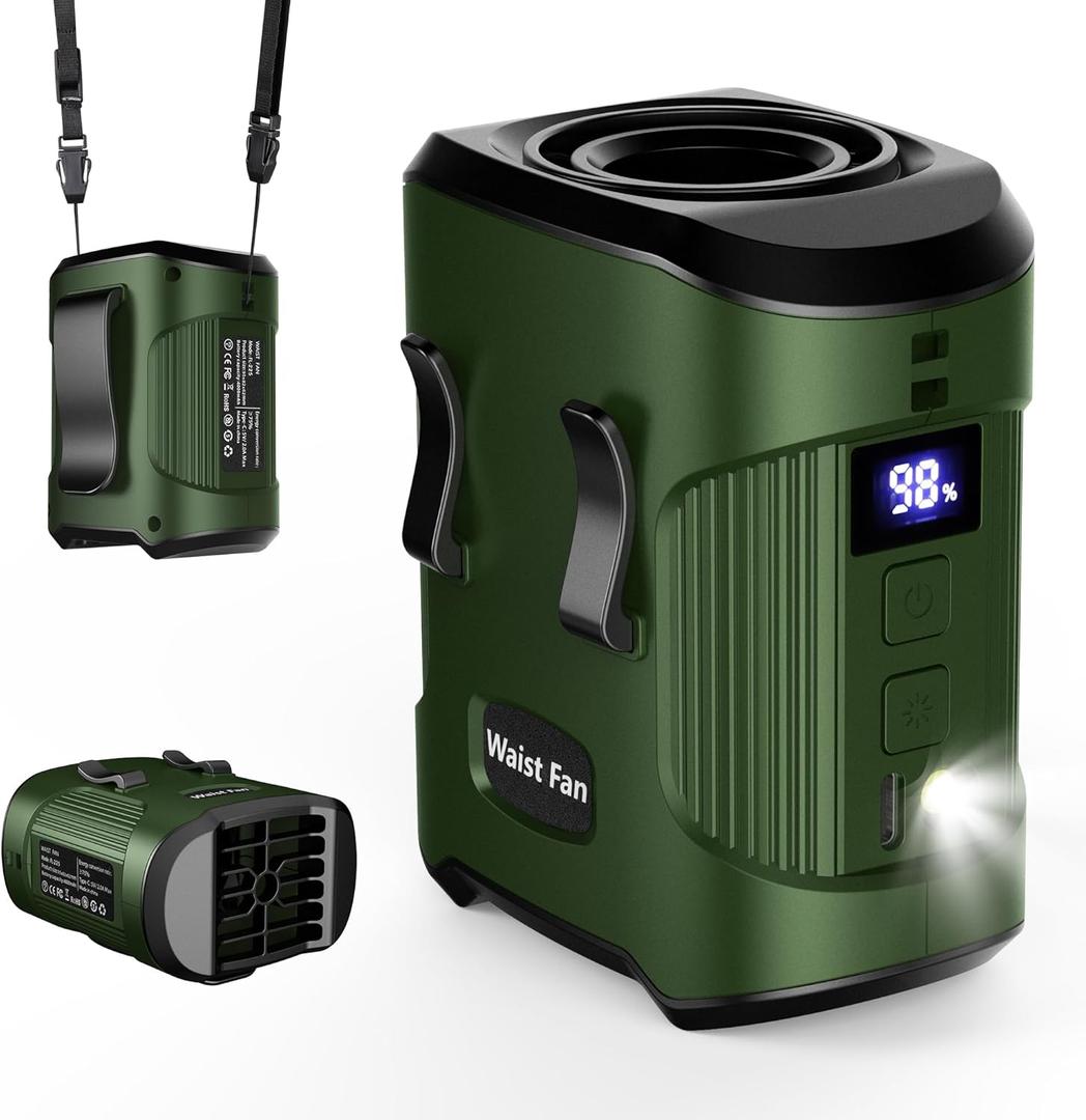 Portable Waist Fan 4000mAh Rechargeable, 3 Speeds Strong Turbo Airflow Hands-Free Clip Belt Fans With LED Flashlight, 24H Cooling Personal Wearable for Outdoor, Traveling, Camping, Gift for Men, Green