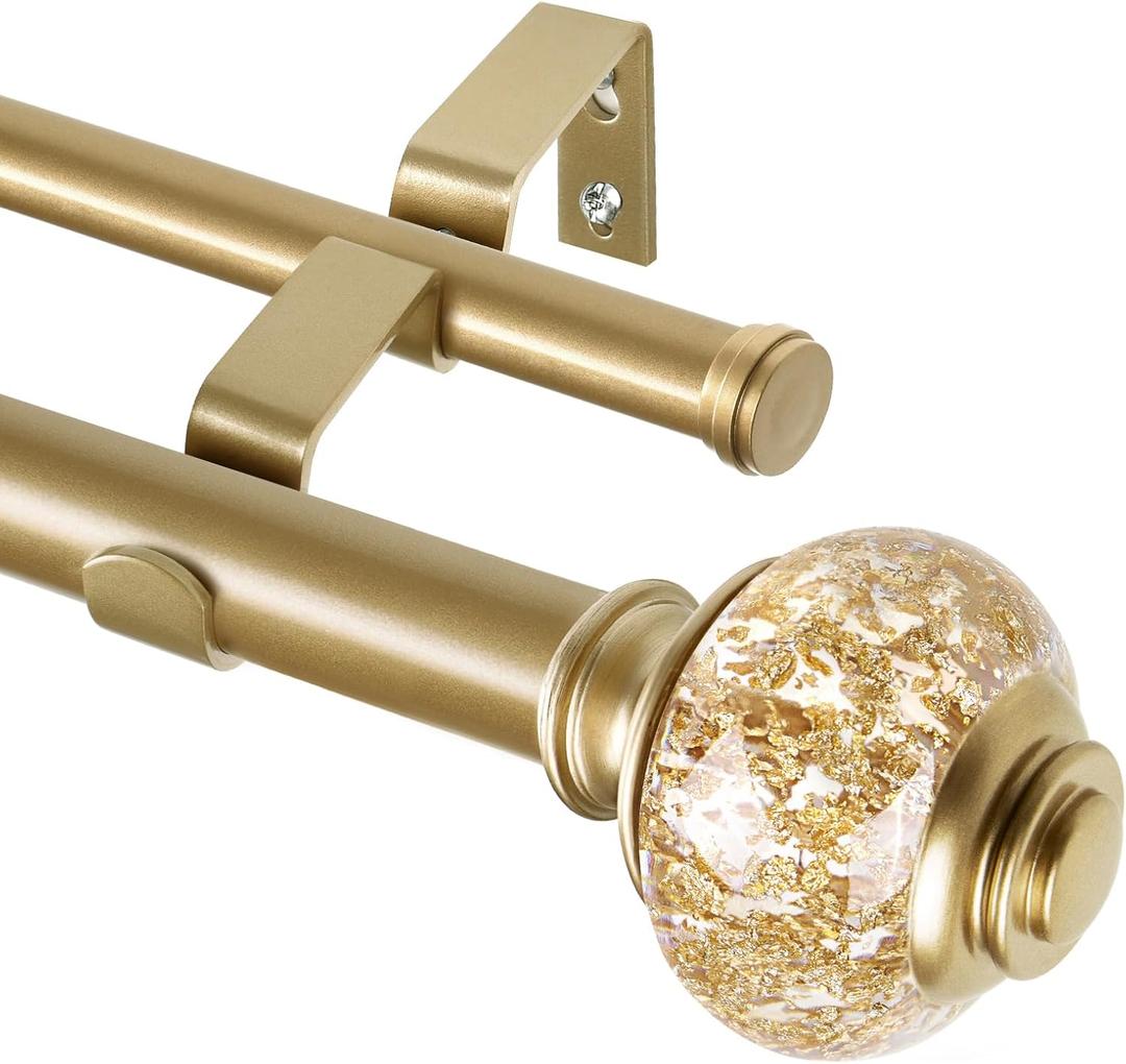 1 Inch Luxury Gold Double Curtain Rods for Windows 66 to 120 Inches(5.5-10ft), USFOOK Adjustable Heavy Duty Drapery Rods, Telescoping Dual Curtain Rod with Translucent Finials, Wall Mounted