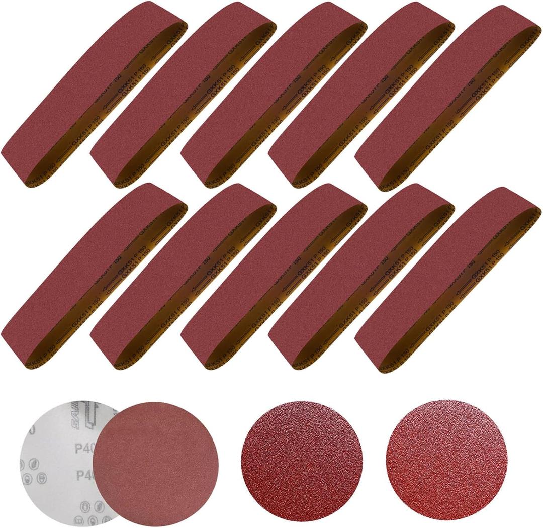 4 x 36 Inch Sanding Belts 10 Pieces Aluminum Oxide Sander Belts(80/120/150/240/400 Grits) With 4 Pieces 6 Inch Sanding Disc Aluminum Oxide Adhesive Backed Sandpaper (Pack of 14)