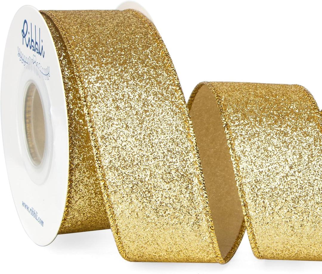 Ribbli Gold Glitter Wired Ribbon,Gold with Metallic Edge,Christmas Ribbon for Wreath, Christmas Tree Decoration, Gift Wrapping,Home Decor, 1-1/2 Inch x 10 Yards