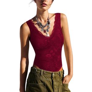 SAUNGKUAI Women V Neck Lace Bodysuit Sleeveless Tank Top Body Suit for Going Out (Red, M)