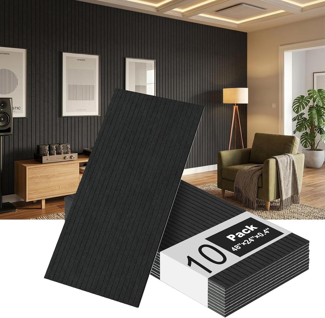 10 Pack Acoustic Panels, 48 x 24 Inch Black Adhesive Sound Dampening Panel | Large Sound Proof Panels for Walls, High Density Sound Absorbing Panel for Recording Studio, Home, Office