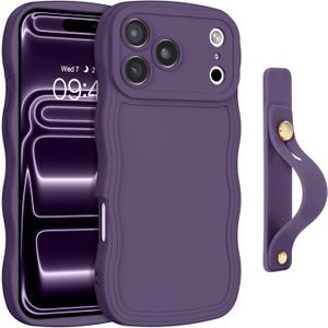 GUAGUA for iPhone 17 Pro Max Case with Wrist Strap, Wavy Edge Phone Case Cute Curly Shape with Adjustable Wristband Kickstand Shockproof Anti Slip Phone Case for iPhone 17 Pro Max 6.9'', Deep Purple