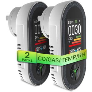 [2 Pack] MOES 4-in-1 Carbon Monoxide & Gas Detector Plug in, with Real-Time Temperature & Humidity Display, Alarm for Natural Gas, Propane