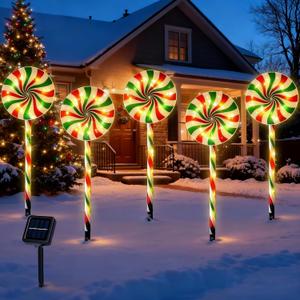 Christmas Decorations Outdoor Solar Pathway Lights, Set of 5 Waterproof Led Lollipop Peppermint Stake Lights, 8 Modes Candy Cane Landscape Garden Light for Xmas Patio Yard Walkway Decorations
