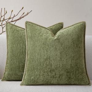 a moment Pack of 2 Decorative Chenille Throw Pillow Covers with Twill Cushion Covers for Sofa Living Room Couch Bed 18x18 Inch,Crafted Border Moss Green